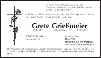 Traueranzeige von Grete Grießmeier von Pegnitz-Zeitung